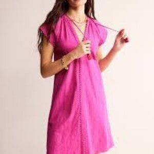 Boden Millie Pom Dress Rose Violet Cotton Short Sleeve